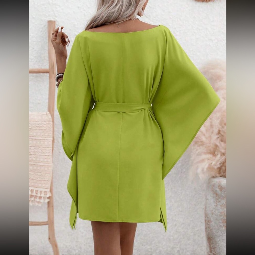 Boho Scoop Neck Kimono Sleeve Belted Mini Dress - Picture 3 of 6